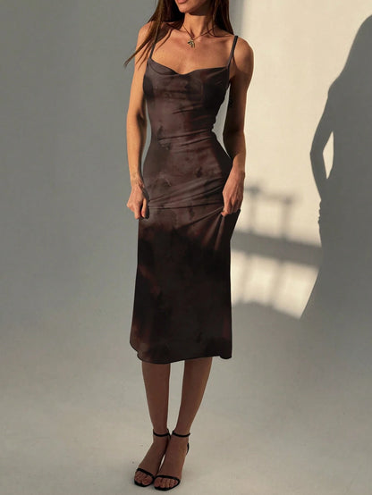 Aloruh Women's Elegant Sexy Burgundy Textured Full Print Dress Night Out Date Night Autumn