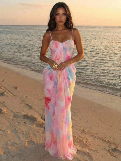 Aloruh Women's Floral Print Ruched Bodycon Cami Dress, Vacation Wear Summer Beach Vacation Outfits Printed Long Dress