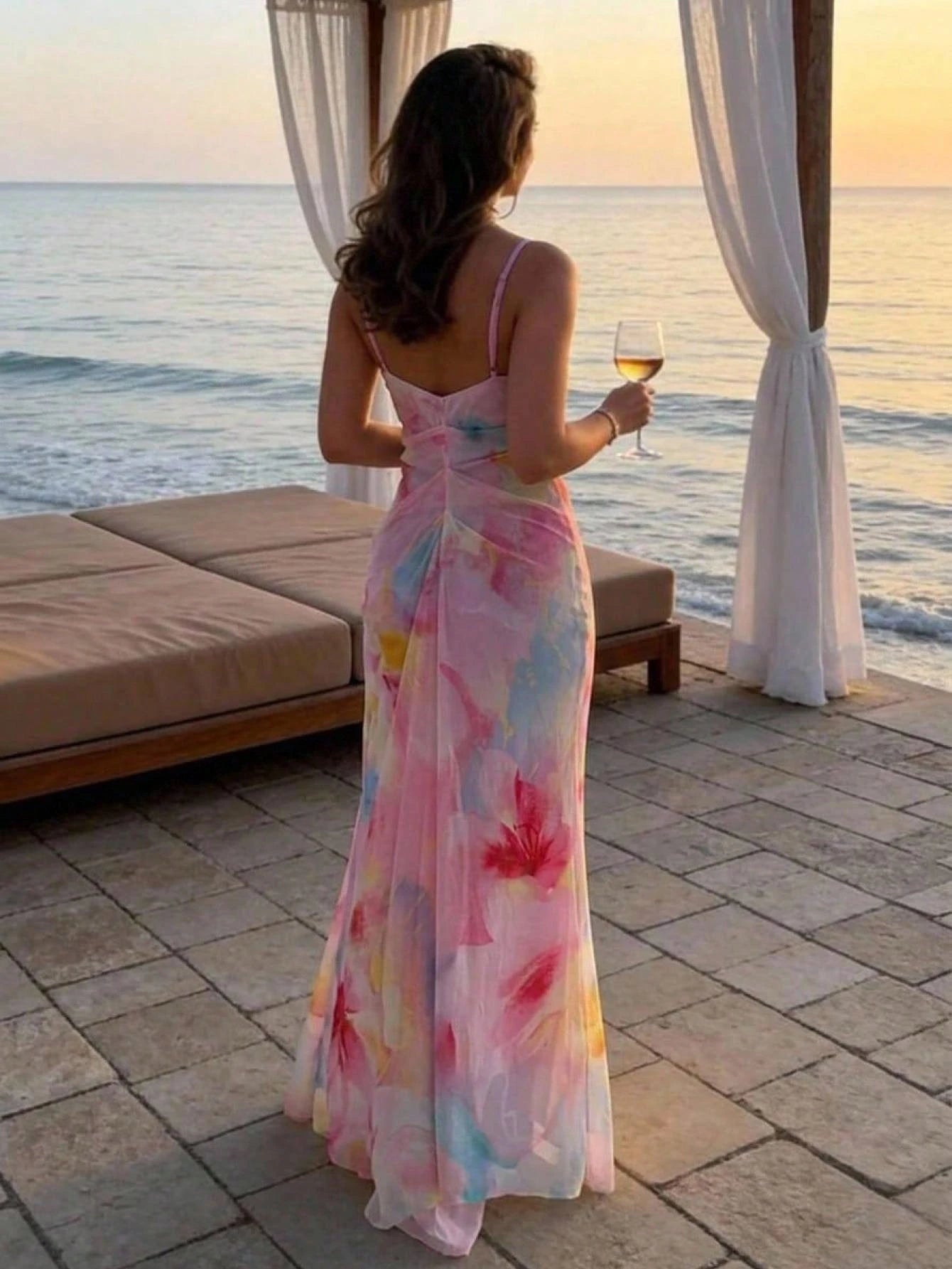 Aloruh Women's Floral Print Ruched Bodycon Cami Dress, Vacation Wear Summer Beach Vacation Outfits Printed Long Dress