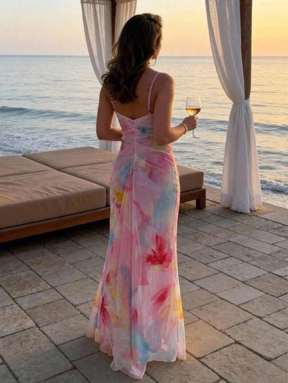 Aloruh Women's Floral Print Ruched Bodycon Cami Dress, Vacation Wear Summer Beach Vacation Outfits Printed Long Dress