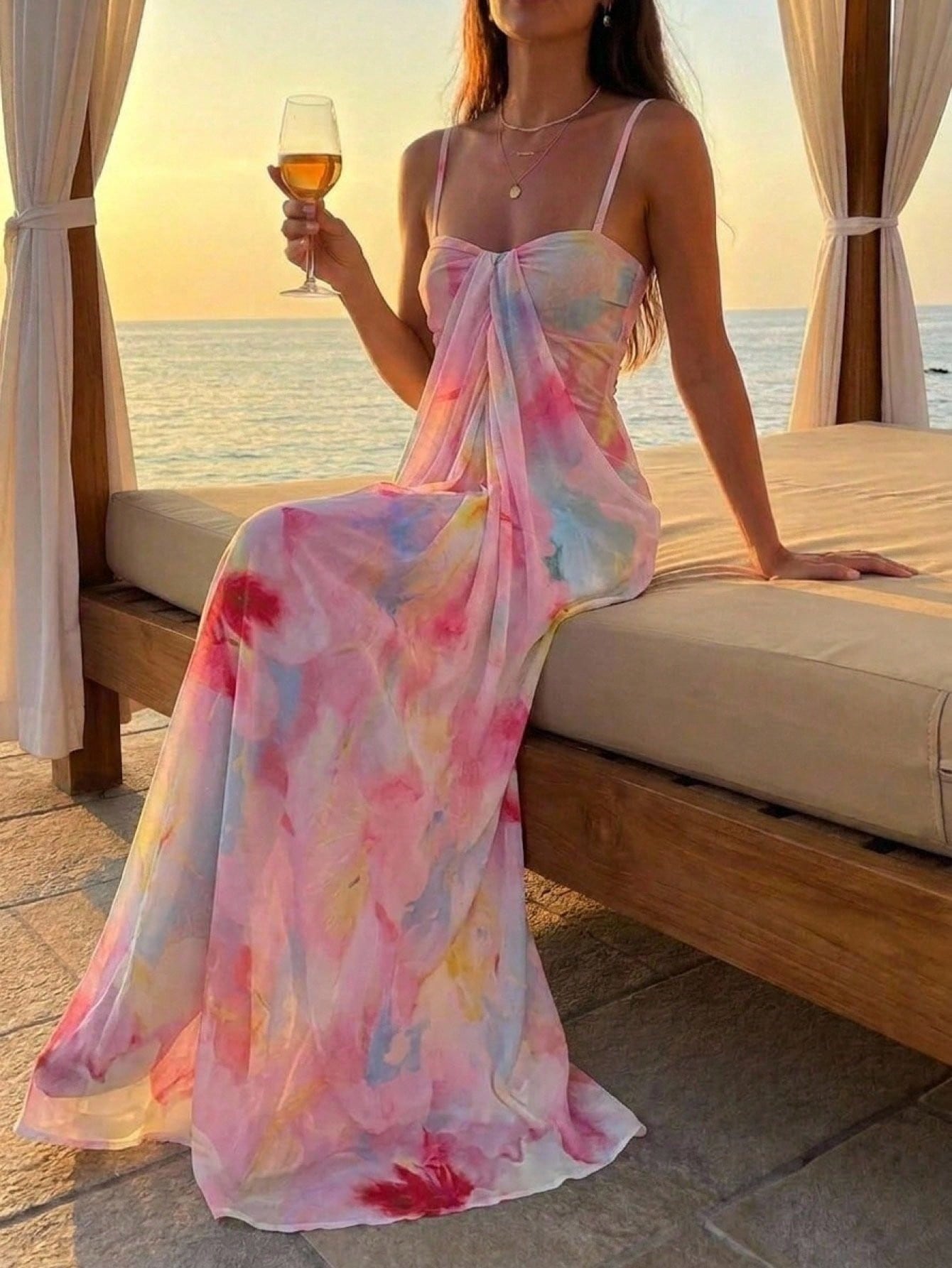 Aloruh Women's Floral Print Ruched Bodycon Cami Dress, Vacation Wear Summer Beach Vacation Outfits Printed Long Dress
