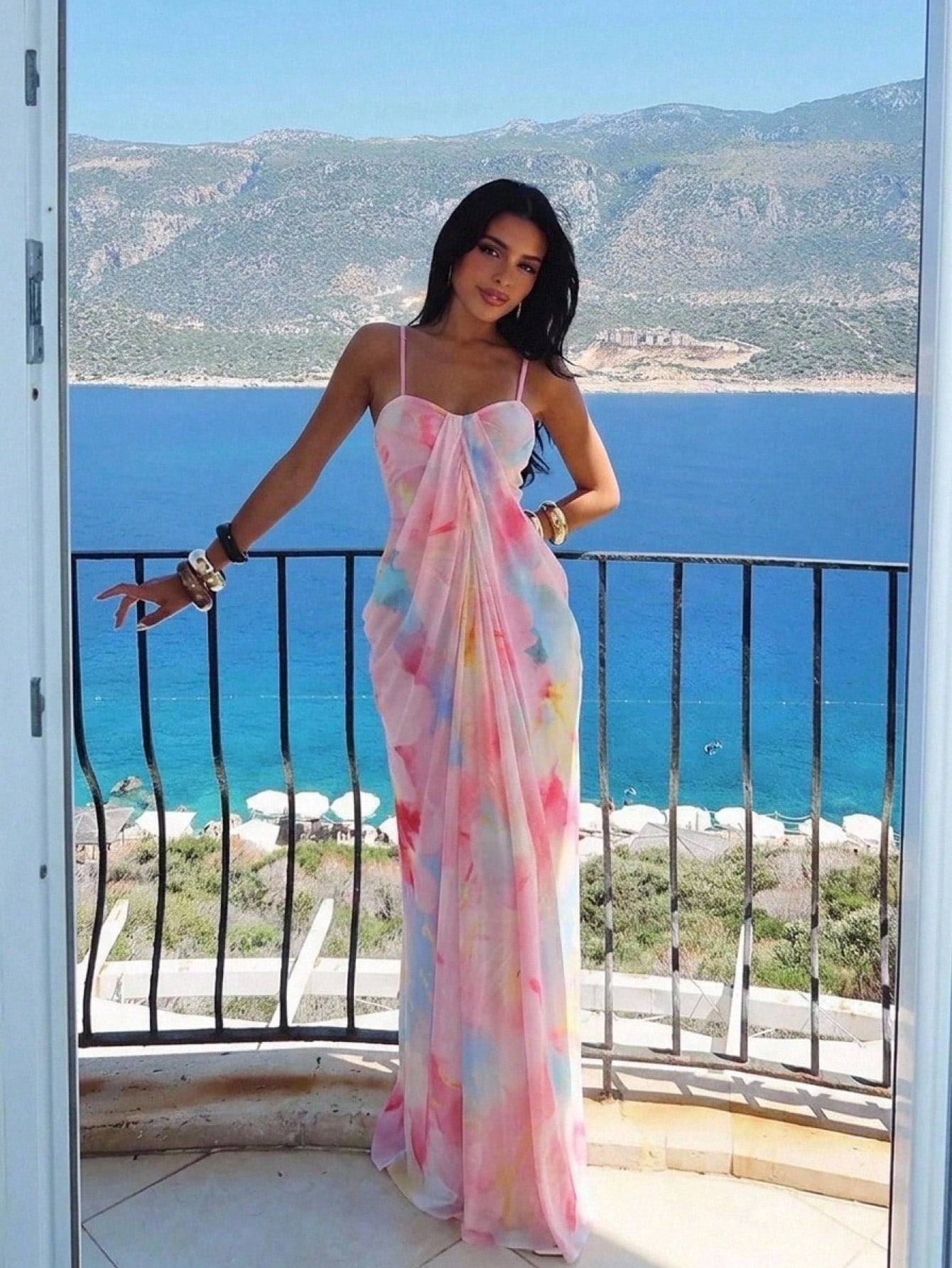 Aloruh Women's Floral Print Ruched Bodycon Cami Dress, Vacation Wear Summer Beach Vacation Outfits Printed Long Dress