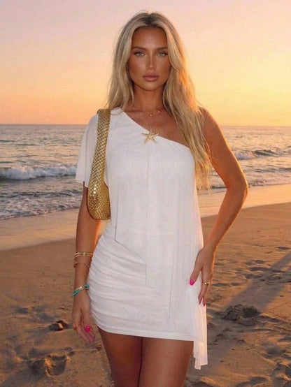 Aloruh Women's Solid Color Ruffle Trim Mini Slip Dress Summer Outfits Clothes Beach Vacation For Woman Boho Tropical Clothe,Summer Dresses White