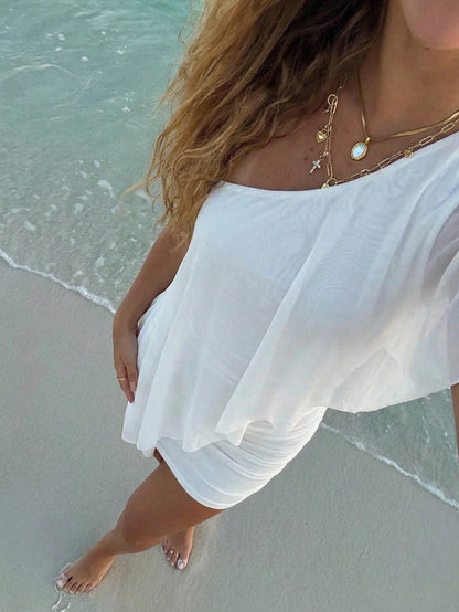 Aloruh Women's Solid Color Ruffle Trim Mini Slip Dress Summer Outfits Clothes Beach Vacation For Woman Boho Tropical Clothe,Summer Dresses White