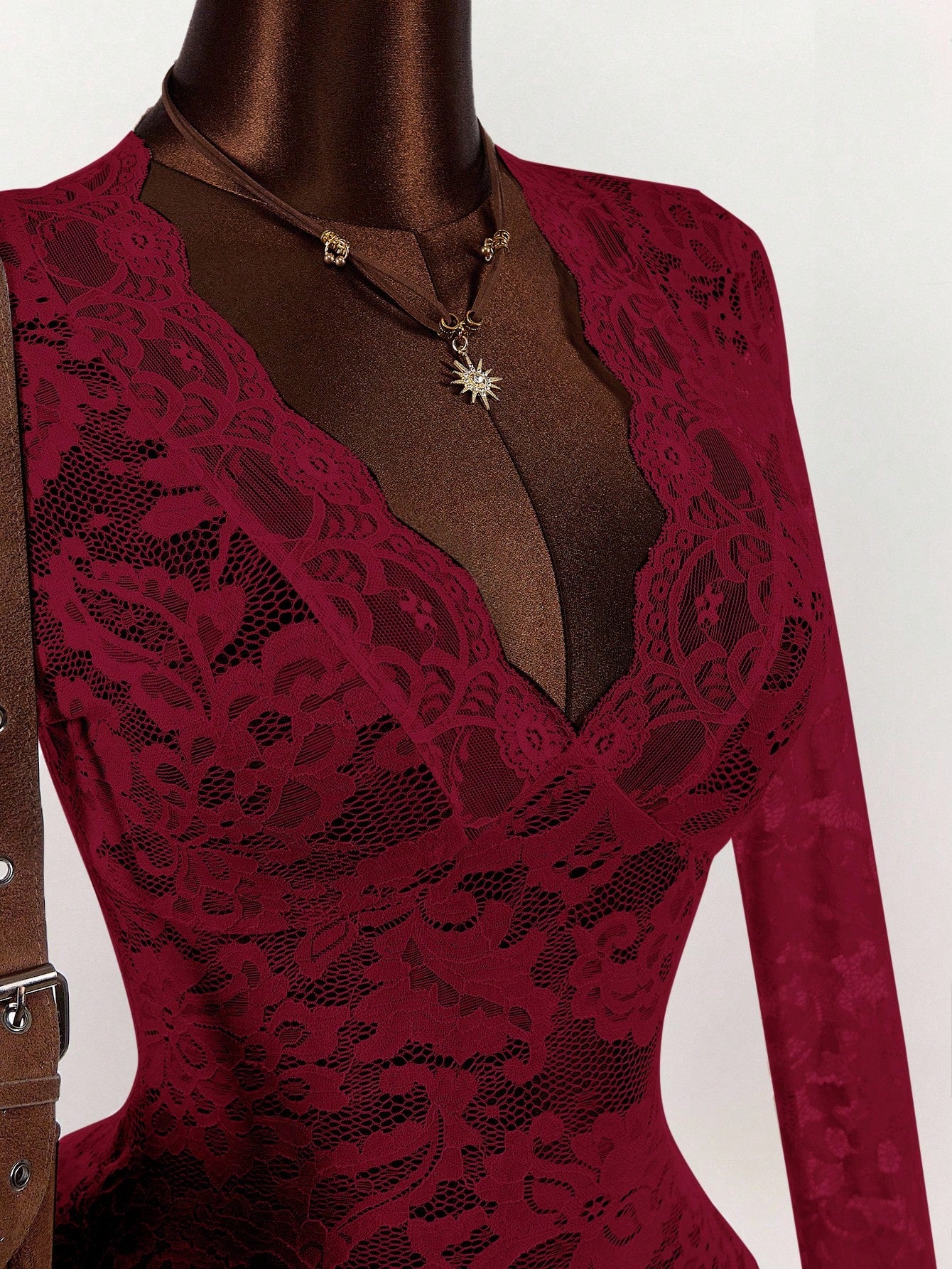 Amplova Deep V Neck Burgundy Mini Dress With All Over Lace And Long Flare Sleeves,Party Dress