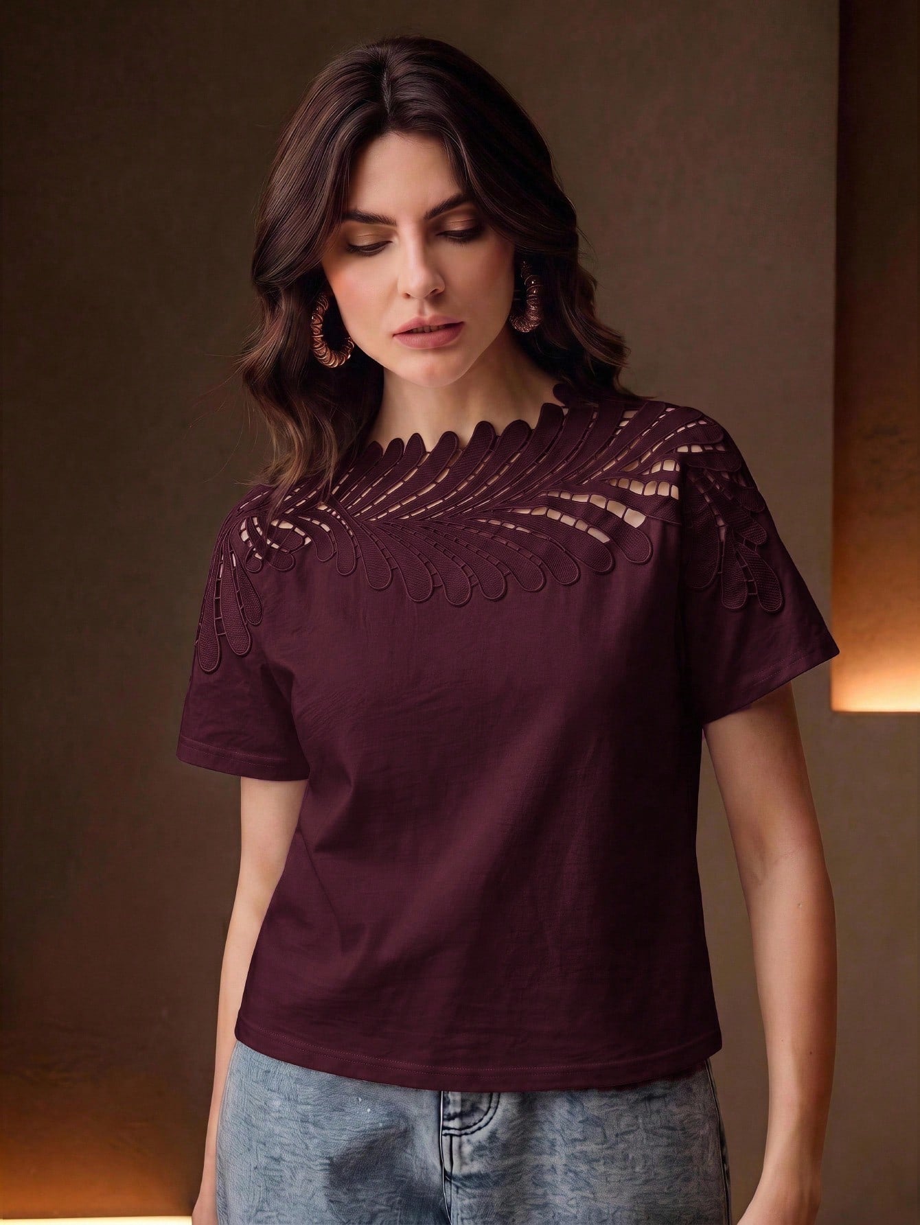 Anewsta Elegant Vacation Neckline Patchwork Leaf Lace White Short Sleeve T-Shirt For Women