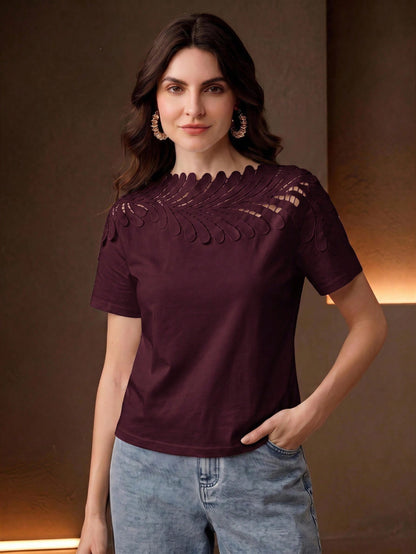 Anewsta Elegant Vacation Neckline Patchwork Leaf Lace White Short Sleeve T-Shirt For Women