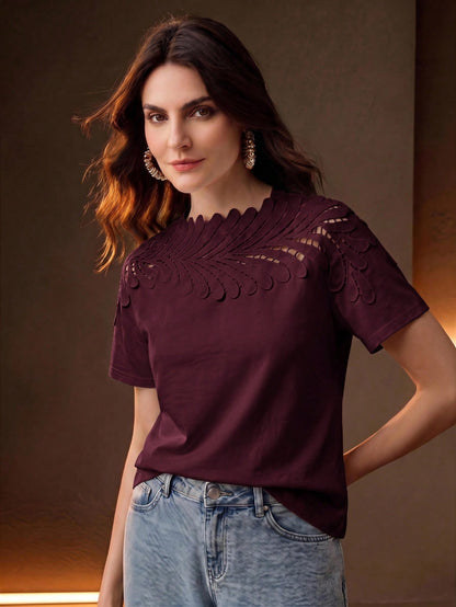 Anewsta Elegant Vacation Neckline Patchwork Leaf Lace White Short Sleeve T-Shirt For Women