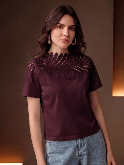 Anewsta Elegant Vacation Neckline Patchwork Leaf Lace White Short Sleeve T-Shirt For Women