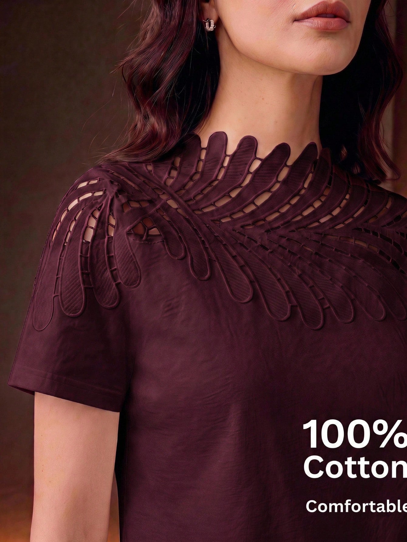 Anewsta Elegant Vacation Neckline Patchwork Leaf Lace White Short Sleeve T-Shirt For Women