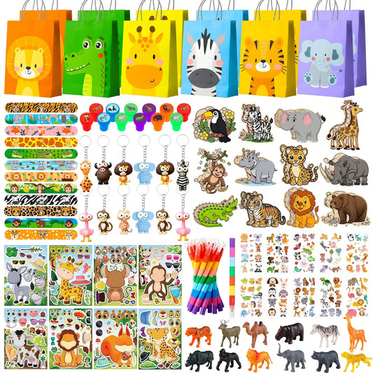Animal Party Favors Filler,108pcs Jungle Safari Party Favors Set Includes Bag Keychains Slap Bracelet Wooden Animal Ornaments Etc Birthday Decorations