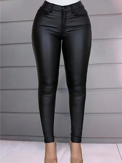 Apperloth A Women's Matte PU Leather Warm Lined Pants, Elastic Slim Fit High Waist Tapered Leg, Slanted Pockets Design, Suitable For Casual, Party, Rave Wear