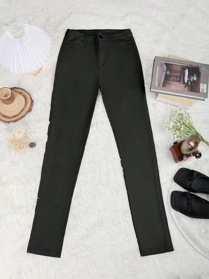 Apperloth A Women's Matte PU Leather Warm Lined Pants, Elastic Slim Fit High Waist Tapered Leg, Slanted Pockets Design, Suitable For Casual, Party, Rave Wear