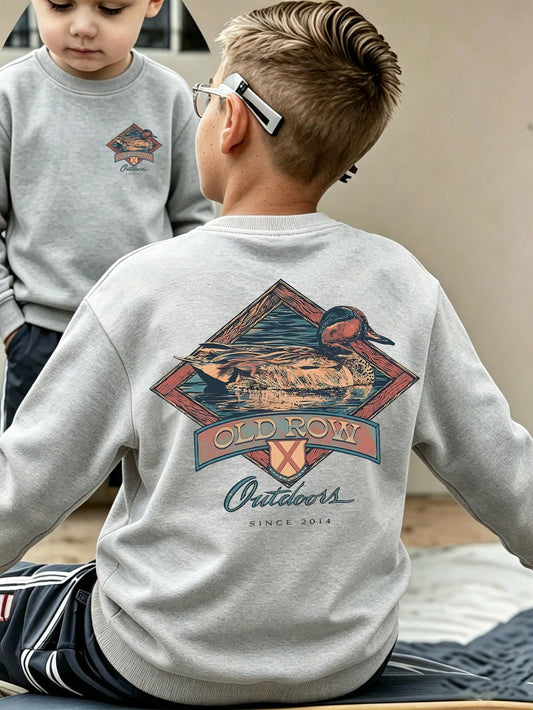 Argyle Mallard Print Boys Round Neck Hoodie, Outdoor Wind Children's Long-Sleeved Top, Spring And Autumn Casual Daily With All Kinds Of Pullovers