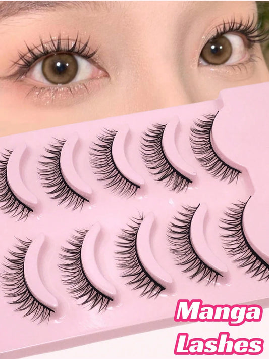 Asiteo 5 Pairs Manga Lash Natural Lightweight Criss-Cross Fairy Soft Short 3D Full Strip False Eyelashes