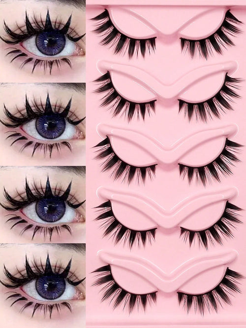 Asiteo 5 Pairs Manga Lashes- Full Strip, Wispy & Thick, Cosplay Natural Doll Eye Look For Halloween & Parties