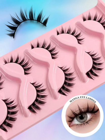 Asiteo 5 Pairs Manga Lashes- Full Strip, Wispy & Thick, Cosplay Natural Doll Eye Look For Halloween & Parties