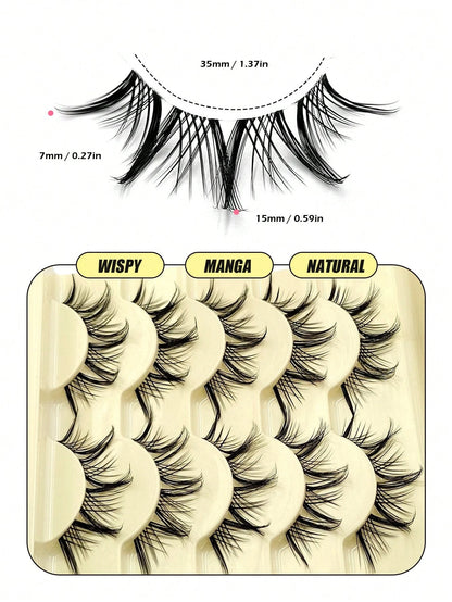 Asiteo 5 Pairs Realistic Spiky Cartoon Anime False Eyelashes, Transparent Band Criss-Cross Lashes, Suitable For Daily Wear And Cosplay Occasions