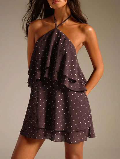 Athîral Women's Casual Bohemian Vacation Brown And White Polka Dot Dresses, Multi-Layered Flowing Dresses, Casual Cute Dresses, Summer Date Party Costumes