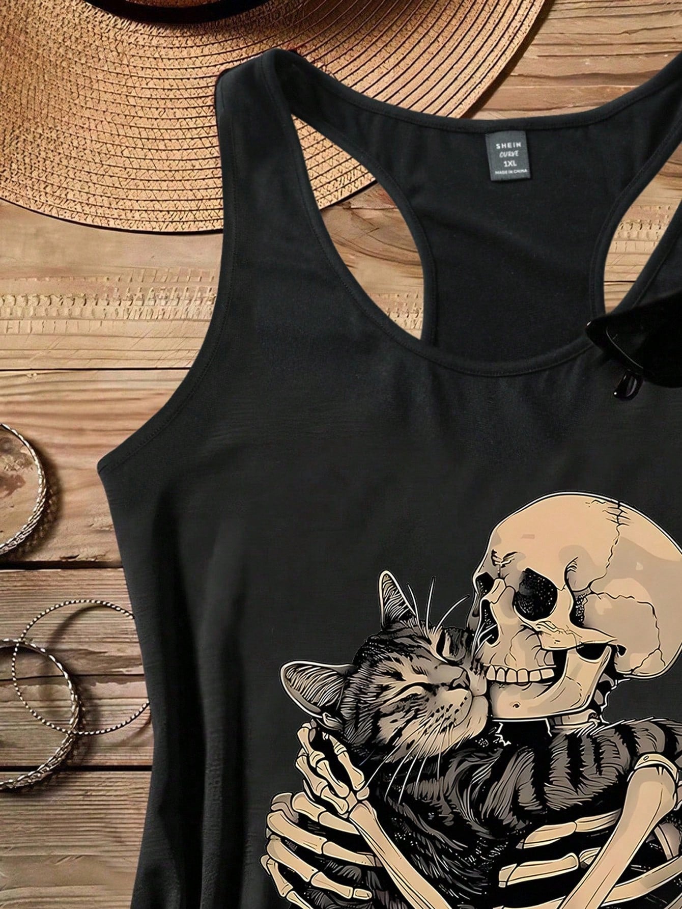 Attitoon Mother's Day Casual Minimalist Skull & Cat Music Festival Graphic Loose Fit Plus Size Camisole Tank Top, Suitable For Summer Vacation