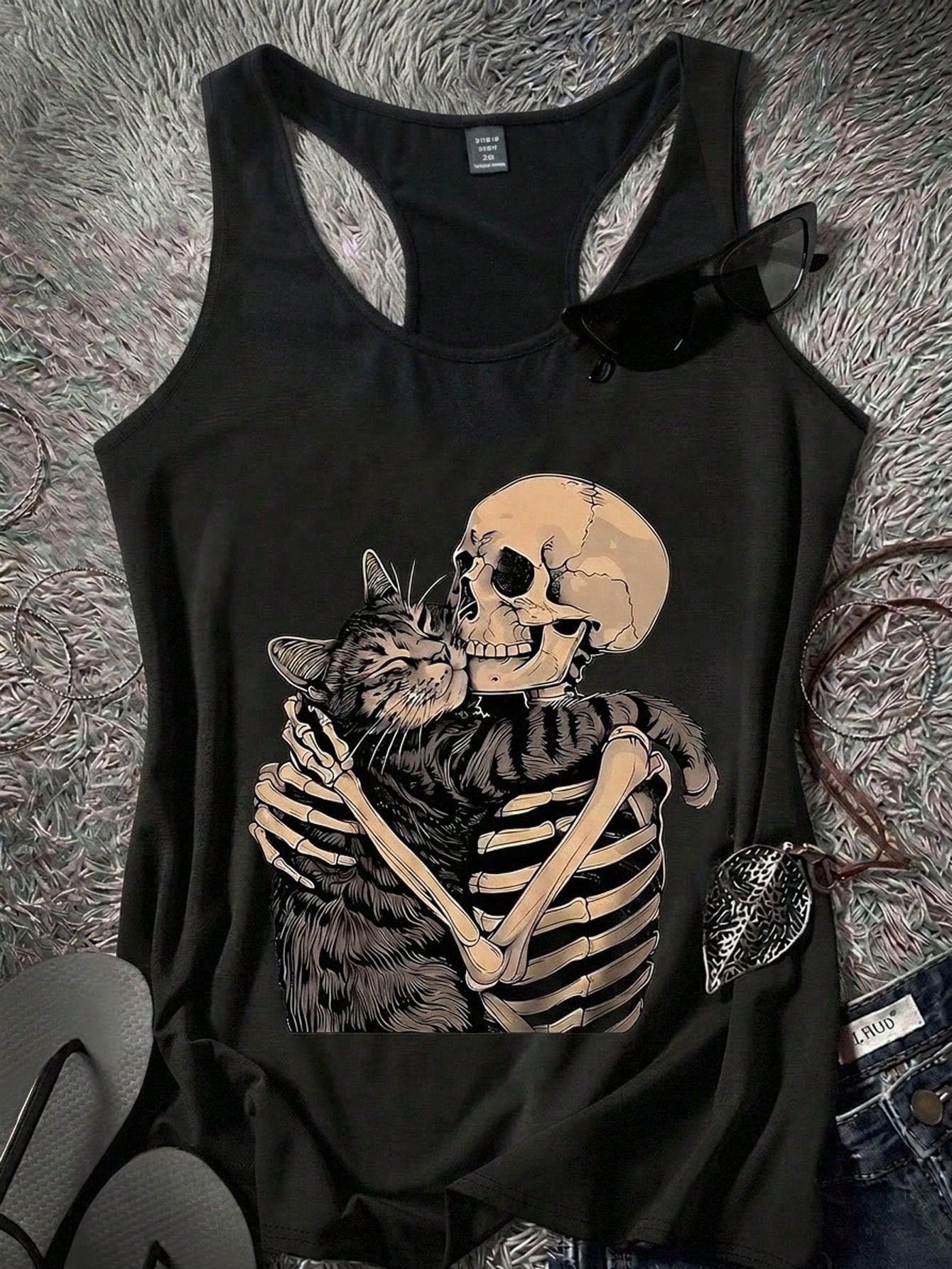 Attitoon Mother's Day Casual Minimalist Skull & Cat Music Festival Graphic Loose Fit Plus Size Camisole Tank Top, Suitable For Summer Vacation