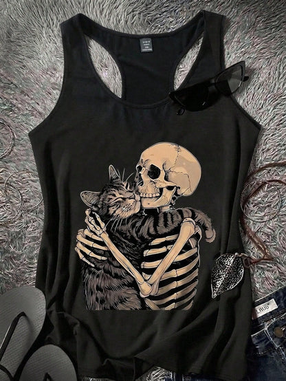 Attitoon Mother's Day Casual Minimalist Skull & Cat Music Festival Graphic Loose Fit Plus Size Camisole Tank Top, Suitable For Summer Vacation