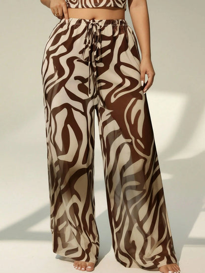 Auralis Plus Size Summer Casual Vacation Beach Sheer Allover Print Cover-Up & Pants Set
