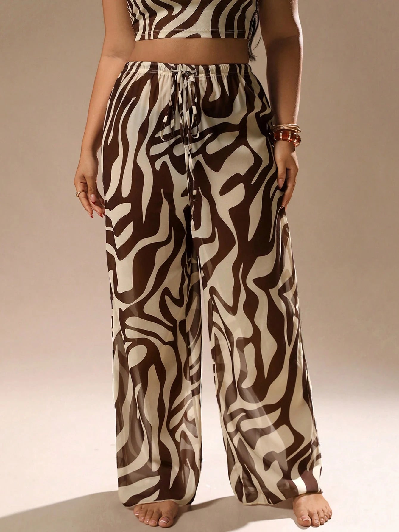 Auralis Plus Size Summer Casual Vacation Beach Sheer Allover Print Cover-Up & Pants Set