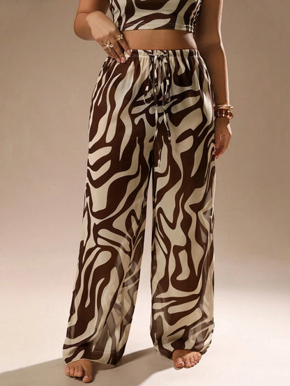 Auralis Plus Size Summer Casual Vacation Beach Sheer Allover Print Cover-Up & Pants Set