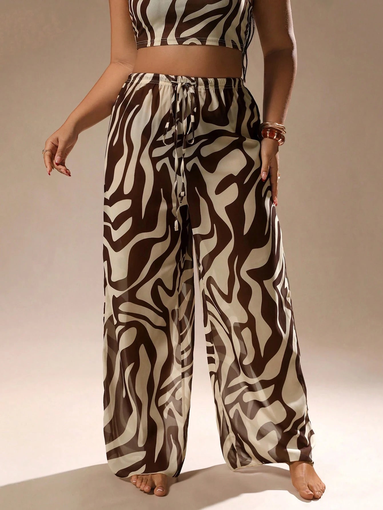 Auralis Plus Size Summer Casual Vacation Beach Sheer Allover Print Cover-Up & Pants Set