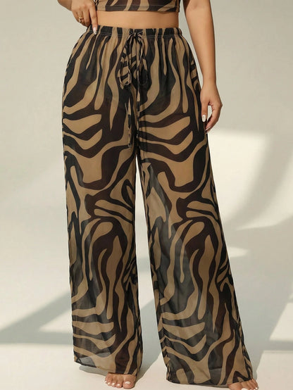 Auralis Plus Size Summer Casual Vacation Beach Sheer Allover Print Cover-Up & Pants Set