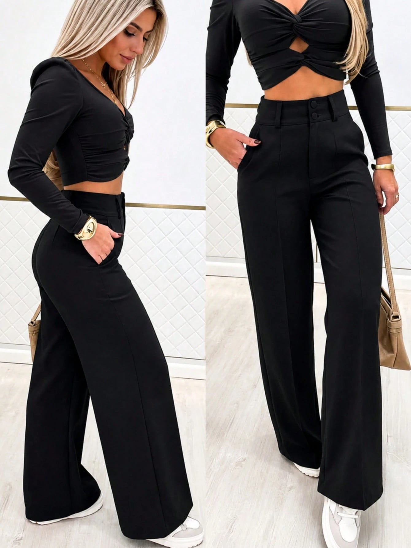 Autumn Commute Elegant Flared Wide Leg Pants Versatile Fashion Professional Back To School Women Black