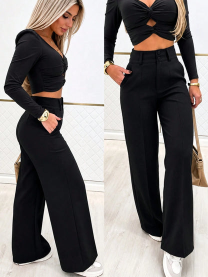 Autumn Commute Elegant Flared Wide Leg Pants Versatile Fashion Professional Back To School Women Black