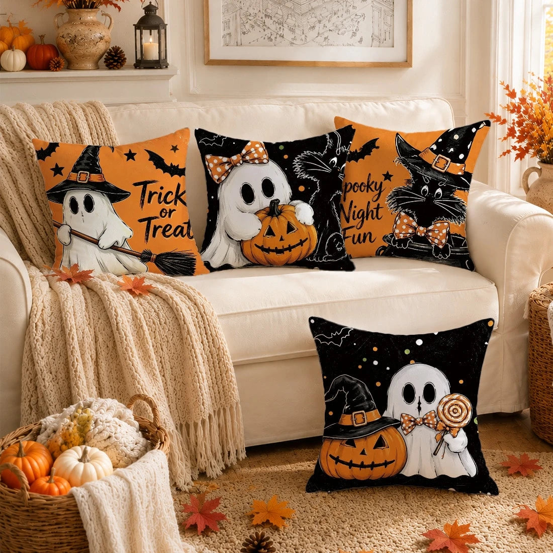 Autumn Halloween Orange & Black Pumpkin, Ghost, Black Cat Cushion Cover 4pcs Set, Single-Sided Printed Peach Skin Polyester Material, 45*45CM/18*18inch Pillow Covers Suitable For Room Decoration, Mode
