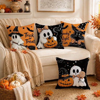Autumn Halloween Orange & Black Pumpkin, Ghost, Black Cat Cushion Cover 4pcs Set, Single-Sided Printed Peach Skin Polyester Material, 45*45CM/18*18inch Pillow Covers Suitable For Room Decoration, Mode
