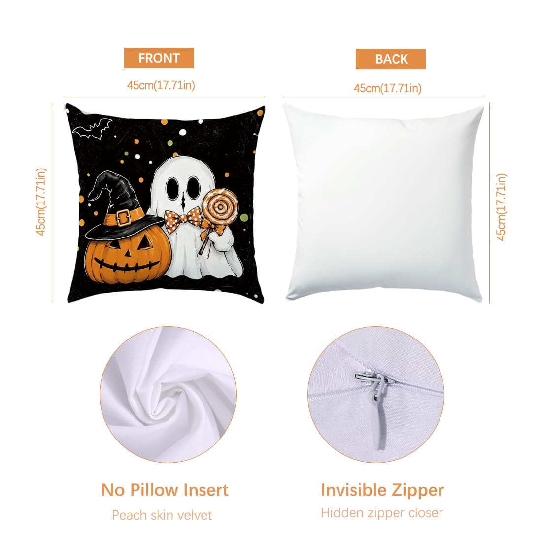 Autumn Halloween Orange & Black Pumpkin, Ghost, Black Cat Cushion Cover 4pcs Set, Single-Sided Printed Peach Skin Polyester Material, 45*45CM/18*18inch Pillow Covers Suitable For Room Decoration, Mode