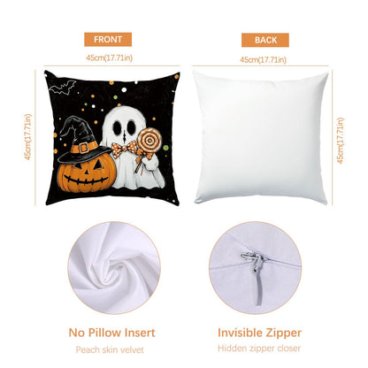 Autumn Halloween Orange & Black Pumpkin, Ghost, Black Cat Cushion Cover 4pcs Set, Single-Sided Printed Peach Skin Polyester Material, 45*45CM/18*18inch Pillow Covers Suitable For Room Decoration, Mode