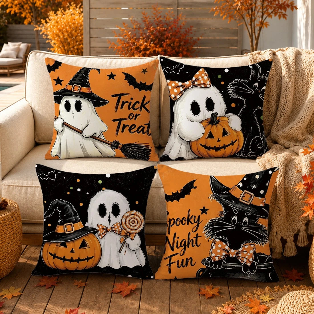 Autumn Halloween Orange & Black Pumpkin, Ghost, Black Cat Cushion Cover 4pcs Set, Single-Sided Printed Peach Skin Polyester Material, 45*45CM/18*18inch Pillow Covers Suitable For Room Decoration, Mode