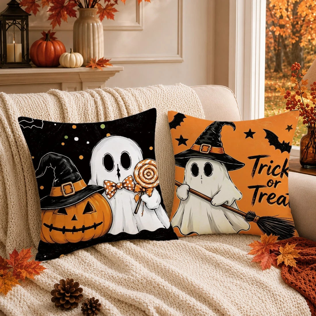 Autumn Halloween Orange & Black Pumpkin, Ghost, Black Cat Cushion Cover 4pcs Set, Single-Sided Printed Peach Skin Polyester Material, 45*45CM/18*18inch Pillow Covers Suitable For Room Decoration, Mode