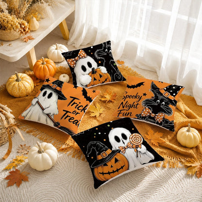 Autumn Halloween Orange & Black Pumpkin, Ghost, Black Cat Cushion Cover 4pcs Set, Single-Sided Printed Peach Skin Polyester Material, 45*45CM/18*18inch Pillow Covers Suitable For Room Decoration, Mode