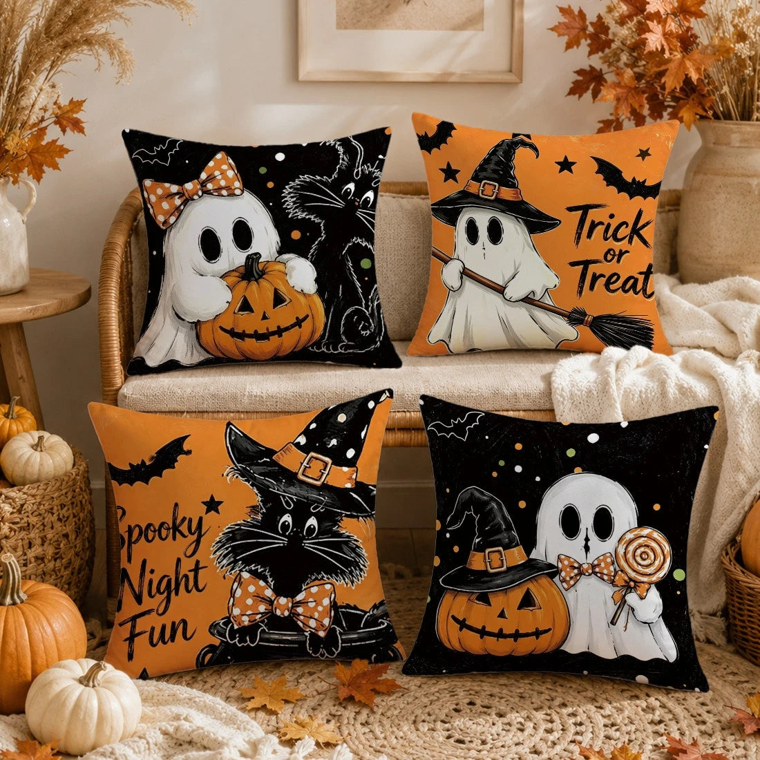Autumn Halloween Orange & Black Pumpkin, Ghost, Black Cat Cushion Cover 4pcs Set, Single-Sided Printed Peach Skin Polyester Material, 45*45CM/18*18inch Pillow Covers Suitable For Room Decoration, Mode