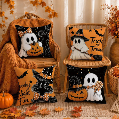 Autumn Halloween Orange & Black Pumpkin, Ghost, Black Cat Cushion Cover 4pcs Set, Single-Sided Printed Peach Skin Polyester Material, 45*45CM/18*18inch Pillow Covers Suitable For Room Decoration, Mode