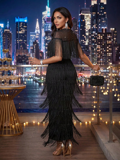 Auveirra Women's Elegant Party Sequin Mesh Patchwork Tassel Fitted Dress,Dresses For Women Elegant,Dresses For Women Elegant,Black Dress Fringe Dress