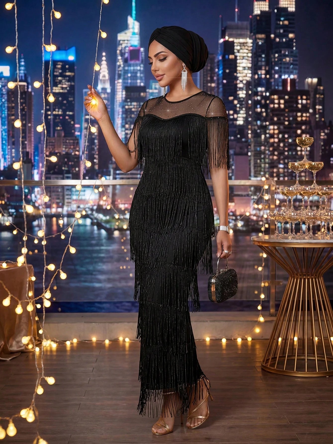 Auveirra Women's Elegant Party Sequin Mesh Patchwork Tassel Fitted Dress,Dresses For Women Elegant,Dresses For Women Elegant,Black Dress Fringe Dress