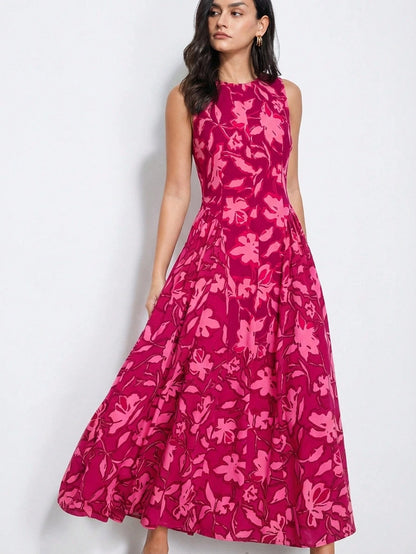 Aveloria Modichic Fuchsia Pink Elegant Summer Garden Party Dress, Colorblock Floral Tie Dye Ditsy Retro Artistic Dress, Exquisite Printing Casual Vacation Picnic Outfit
