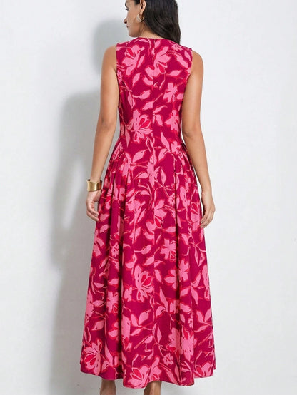 Aveloria Modichic Fuchsia Pink Elegant Summer Garden Party Dress, Colorblock Floral Tie Dye Ditsy Retro Artistic Dress, Exquisite Printing Casual Vacation Picnic Outfit