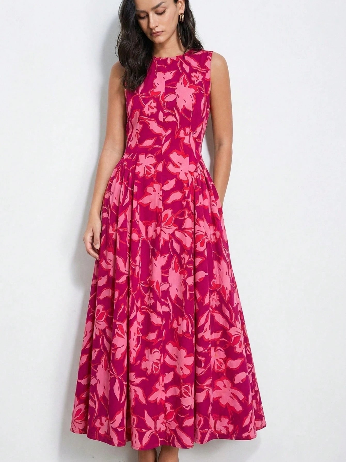 Aveloria Modichic Fuchsia Pink Elegant Summer Garden Party Dress, Colorblock Floral Tie Dye Ditsy Retro Artistic Dress, Exquisite Printing Casual Vacation Picnic Outfit