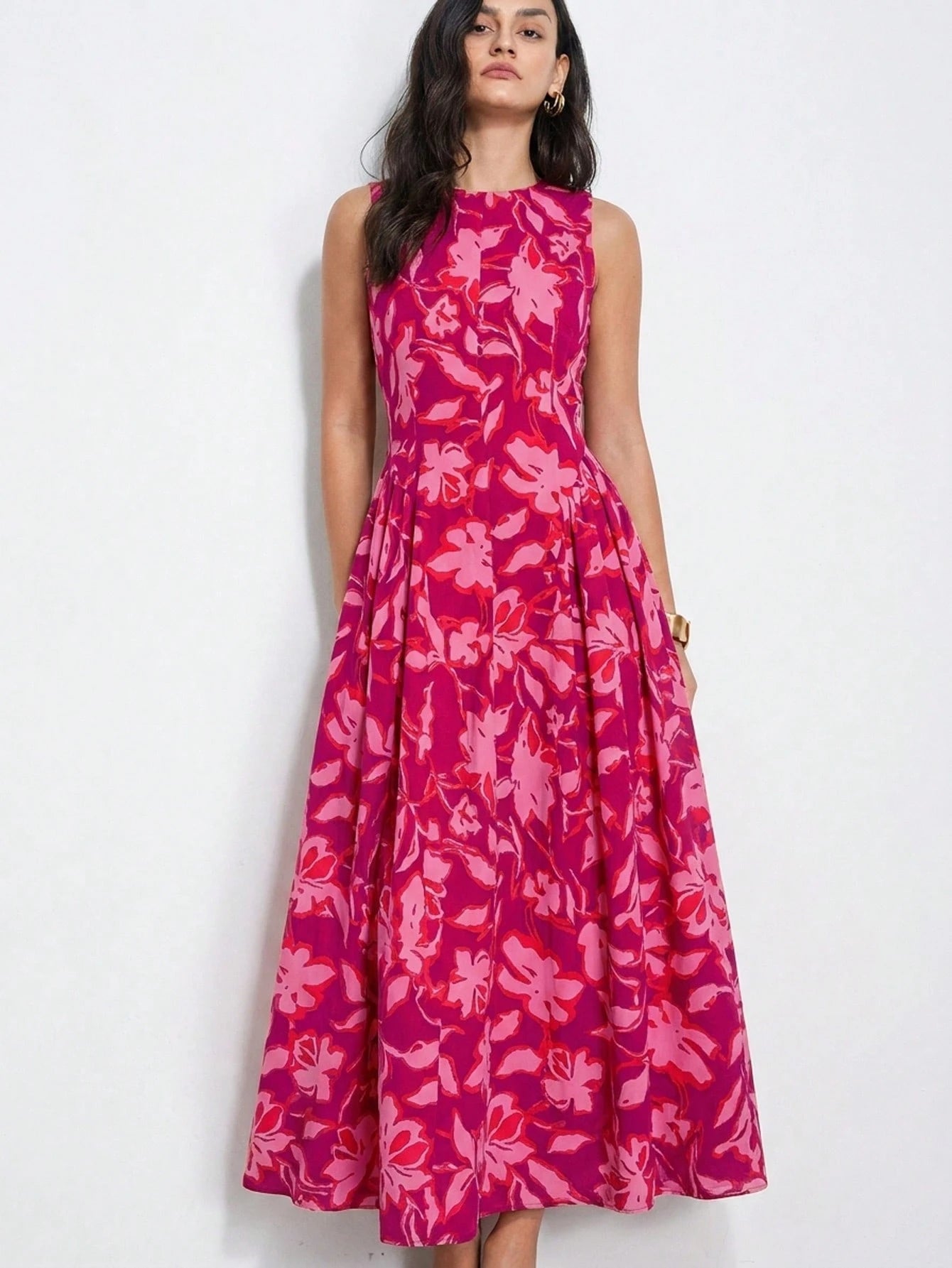 Aveloria Modichic Fuchsia Pink Elegant Summer Garden Party Dress, Colorblock Floral Tie Dye Ditsy Retro Artistic Dress, Exquisite Printing Casual Vacation Picnic Outfit