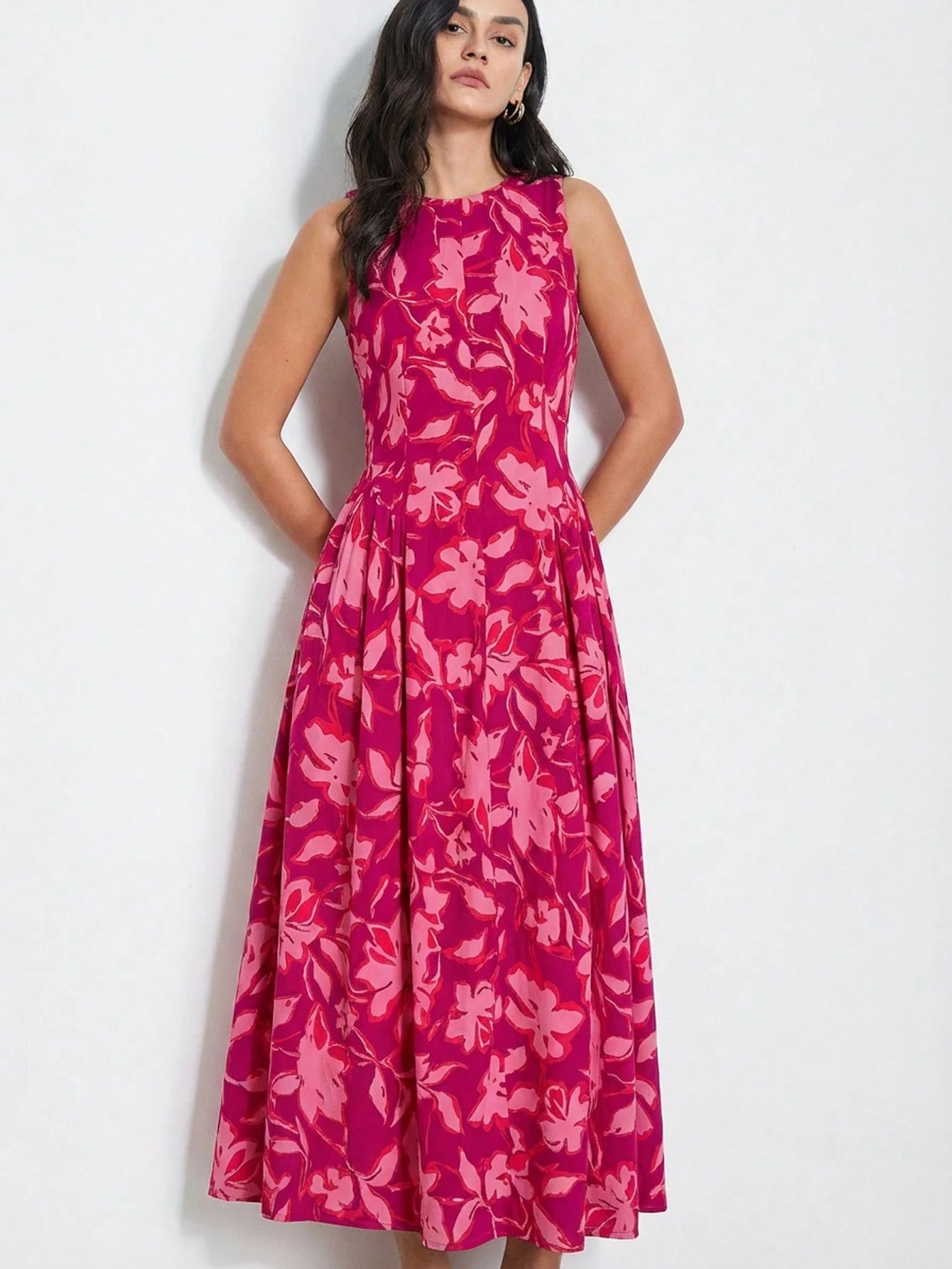 Aveloria Modichic Fuchsia Pink Elegant Summer Garden Party Dress, Colorblock Floral Tie Dye Ditsy Retro Artistic Dress, Exquisite Printing Casual Vacation Picnic Outfit