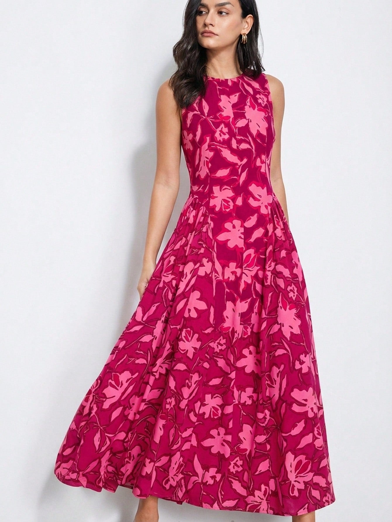 Aveloria Modichic Fuchsia Pink Elegant Summer Garden Party Dress, Colorblock Floral Tie Dye Ditsy Retro Artistic Dress, Exquisite Printing Casual Vacation Picnic Outfit